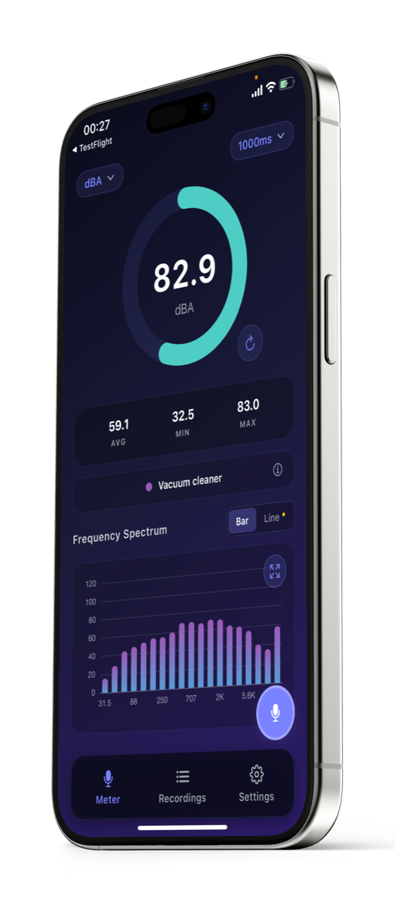 Decibel Meter: dB Sound Level iOS app running on iPhone showing main sound level meter interface
